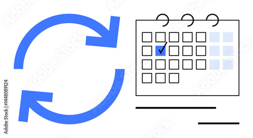 Blue circular arrows next to a calendar with a checked date symbolizing repetition, planning, and organization. Ideal for scheduling, time management, workflow, productivity, recurring events