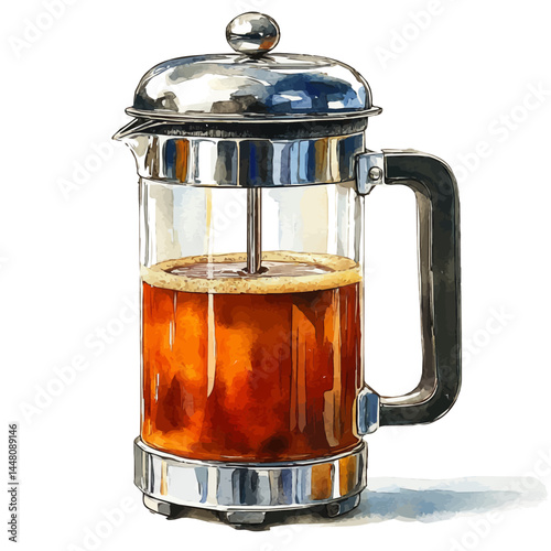 French Press Of Coffee, watercolor vector, isolated on a white background.