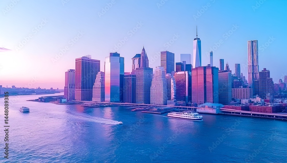 Fototapeta premium Serene cityscape at dawn, showcasing a cluster of skyscrapers along a tranquil waterfront with passing vessels