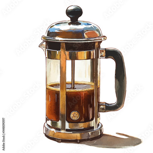 French Press Of Coffee, vector watercolor illustration, isolated on a white background.