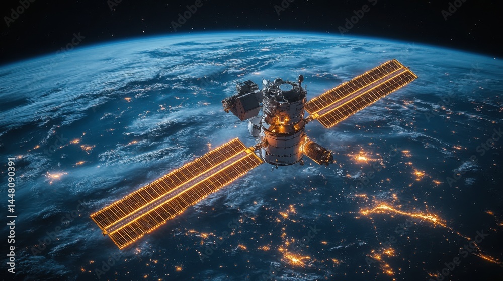 Satellite Orbiting Earth at Night Illuminated Solar Panels Space Exploration