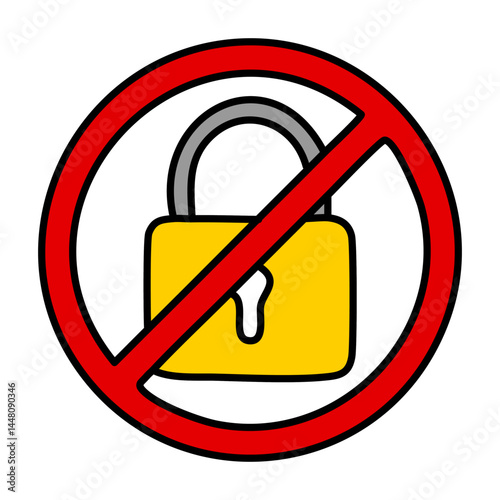 Lock that can not be opened icon.No padlock sign on white background vector illustration thick black line and flat yellow design.
