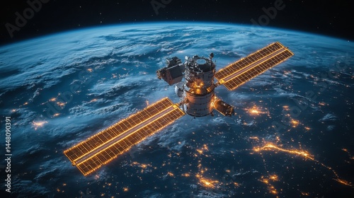 Obraz na płótnie Satellite Orbiting Earth at Night Illuminated Solar Panels Space Exploration w salonie