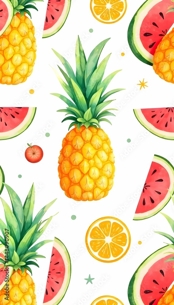 Seamless watercolor pattern with hand-painted tropical fruits like pineapple, watermelon, and orange slices, bright summer colors, artistic texture, repeating background Seamless watercolor pattern with hand-painted tropical fruits like pineapple, watermelon, and orange slices, bright summer colors, artistic texture, repeating background