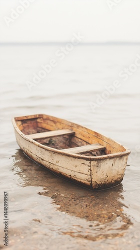 Tiny Weathered Wooden Boat Adrift on Calm Gray Water