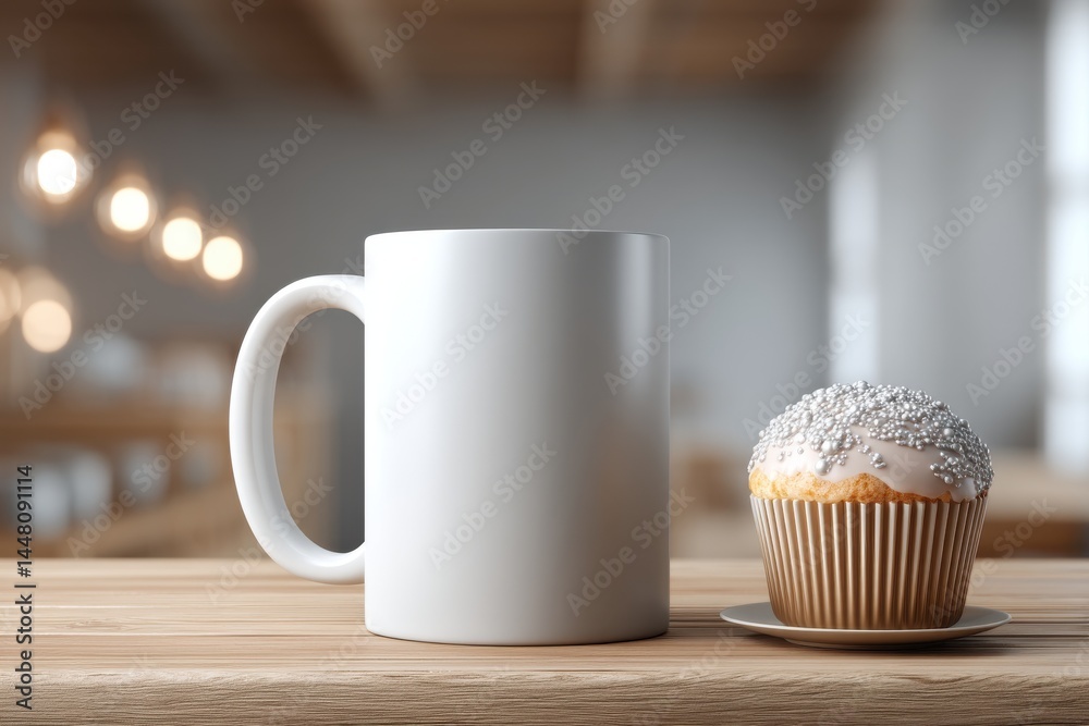 A minimalist studio setup featuring a blank white mug and a festive cupcake, offering a clean and inviting atmosphere for various branding and promotional purposes. A minimalist studio setup featuring a blank white mug and a festive cupcake, offering a clean and inviting atmosphere for various branding and promotional purposes.