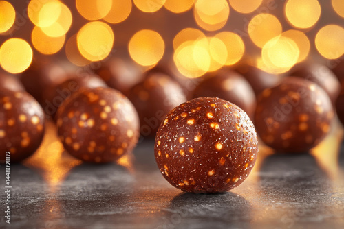 Delicious chocolate truffles with warm bokeh background