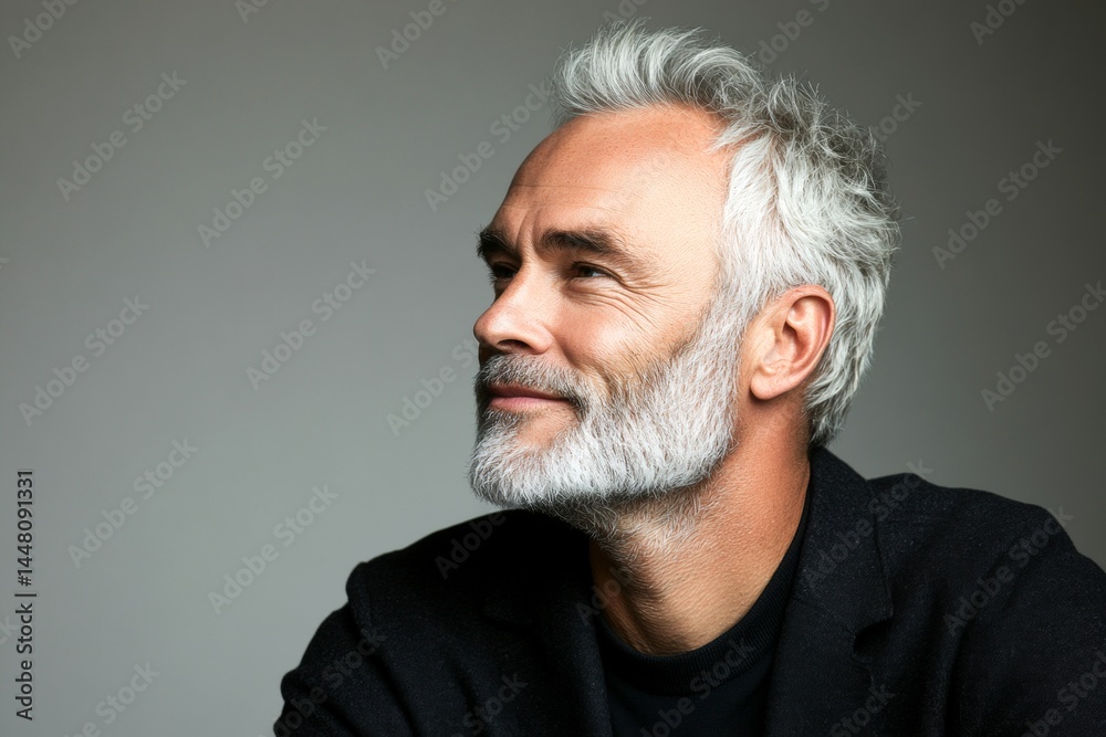 A trendy and poised male showing charm. Pure white solid background. Elegant men's mid fade haircut - midlife white man with white hair. Design idea design of style for aging men.