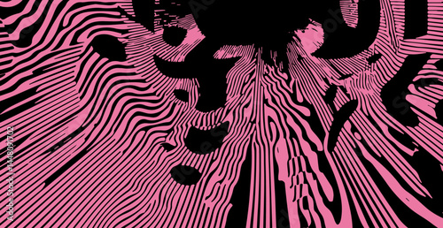 Abstract vector illustration with wavy, curved pink and black lines forming a dynamic, fluid pattern. The design creates a hypnotic, optical illusion effect, ideal for modern digital print.