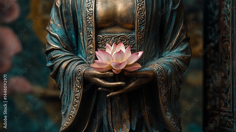 Fototapeta premium Serene Bronze Buddha Statue Holding Pink Lotus Flower Peaceful Meditation Spiritual Tranquility Ancient Asian Art Sculpture Religious Symbolism Divine Elegance Detailed 