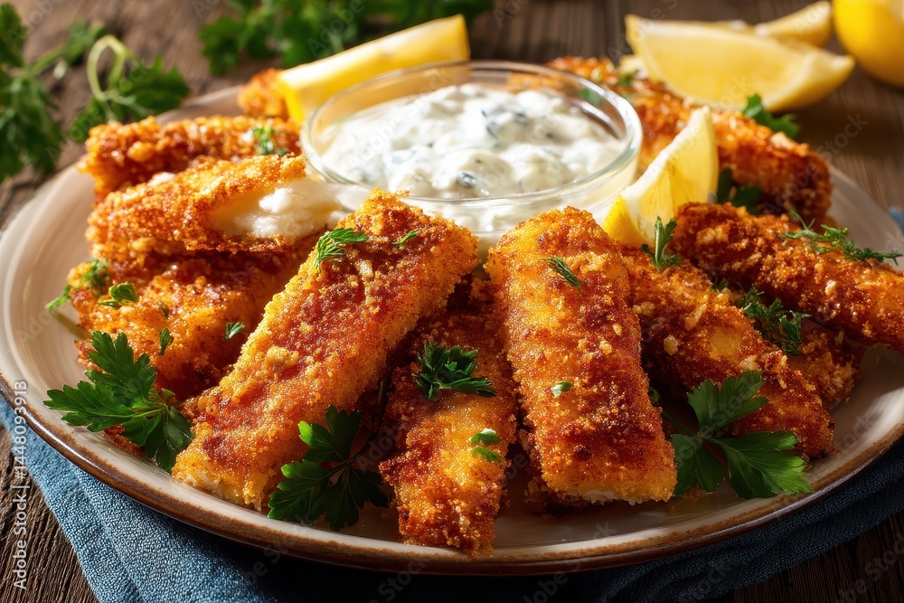 Crunchy fish strips with tartar sauce on a plate Crunchy fish strips with tartar sauce on a plate