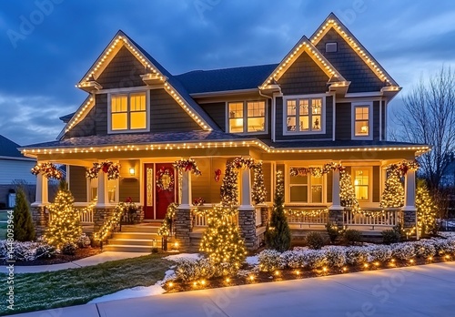 Two-story house with Christmas lights, wreaths, and manicured lawn at dusk.