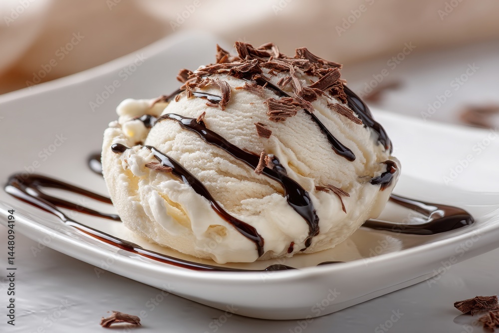 A decadent scoop of vanilla ice cream adorned with chocolate shavings and drizzled syrup, served on a pristine white plate with a creamy background texture. A decadent scoop of vanilla ice cream adorned with chocolate shavings and drizzled syrup, served on a pristine white plate with a creamy background texture.