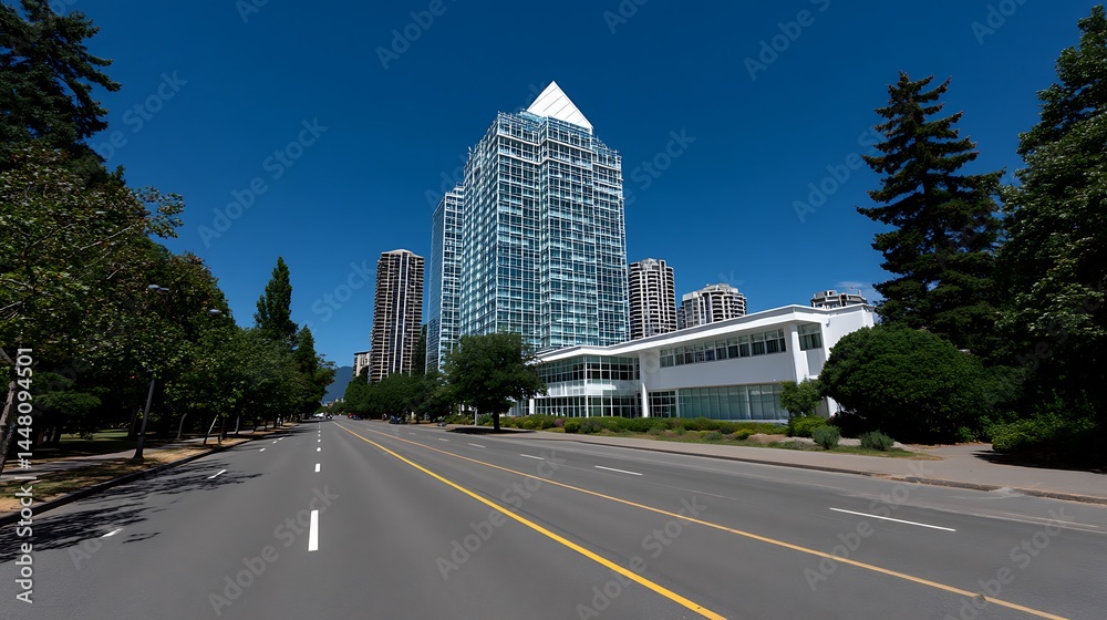 Fototapeta premium Modern Cityscape Sunny Street Skyscrapers.