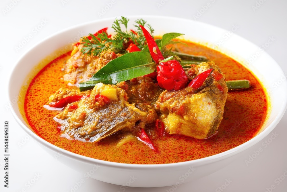 Fototapeta premium curry with fish head Singapore dish on white backdrop
