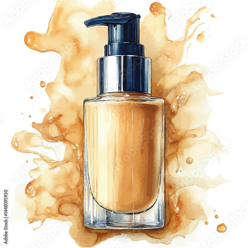 Foundation Bottle With Pump, vector watercolor illustration, isolated on a white background.