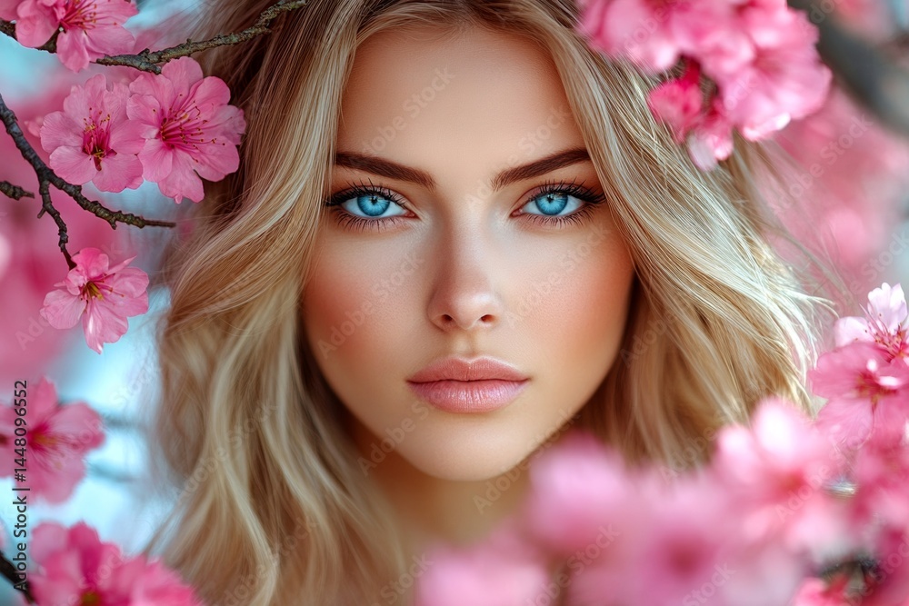 Commercial ad conceptual art. Gorgeous caucasian young woman surrounded by cherry blossoms. Spring mood, early sunshine and fog. Spring mood with woman surrounded by flowers.