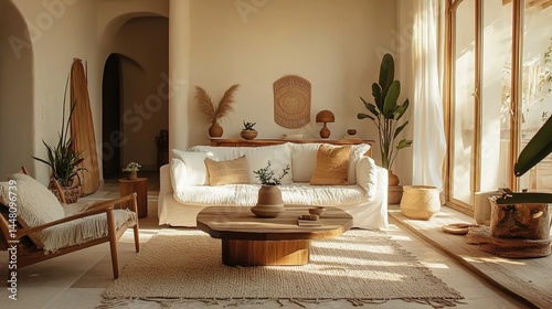 A cozy living room with a white sofa, wooden furniture, potted plants, and natural light.