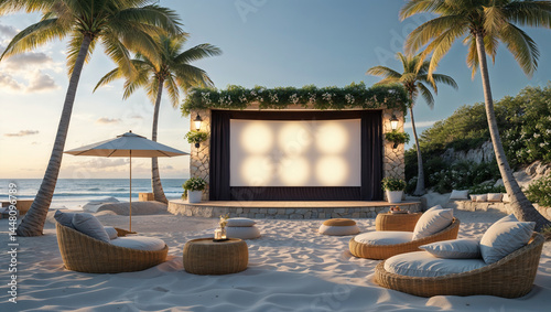 Luxurious outdoor beach cinema experience with comfortable seating and scenic tropical views