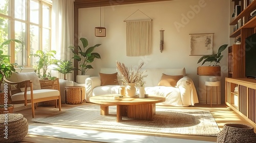 A cozy living room with a white sofa, wooden furniture, potted plants, and natural light.