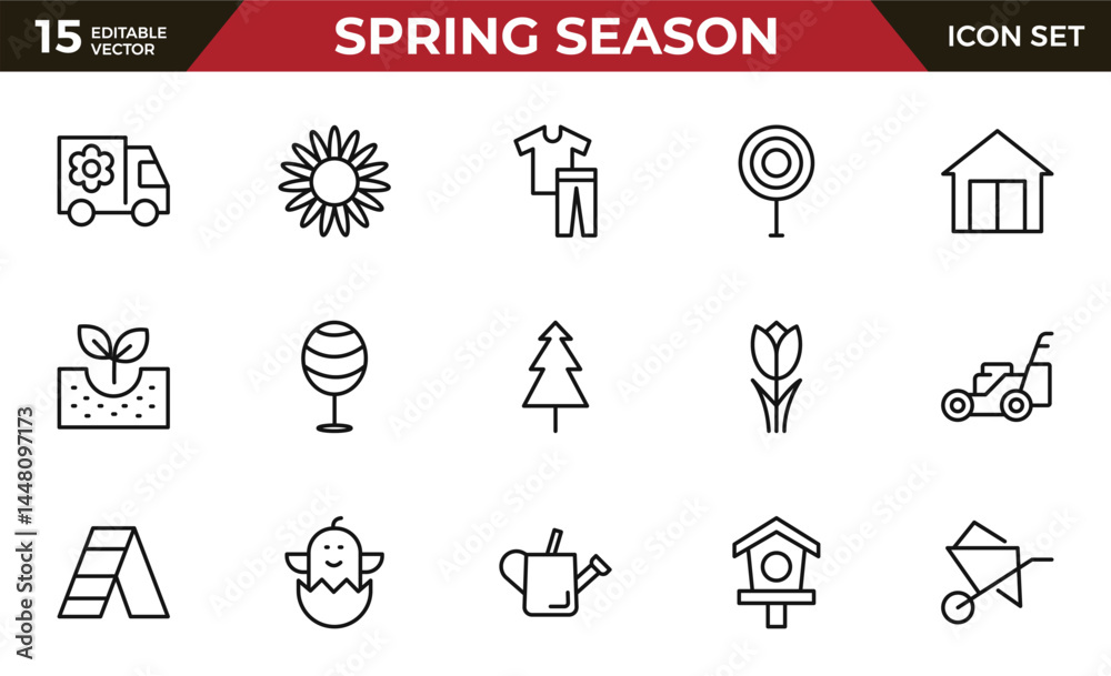 Spring season Equipment Icon set. Thin line icons set. Flatiron collection set. Outline planting flowers and seeds, watering can and fertilizers. Spring, agriculture and gardening concept.