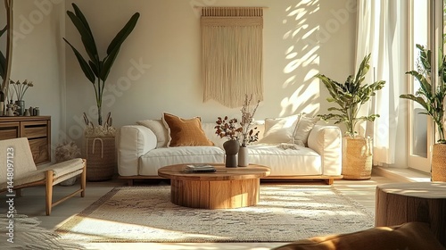 A cozy living room with a white sofa, wooden furniture, potted plants, and natural light.