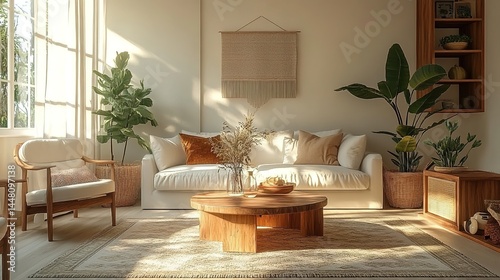 A cozy living room with a white sofa, wooden furniture, potted plants, and natural light.