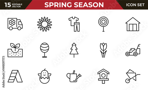 Spring season Equipment Icon set. Thin line icons set. Flatiron collection set. Outline planting flowers and seeds, watering can and fertilizers. Spring, agriculture and gardening concept.