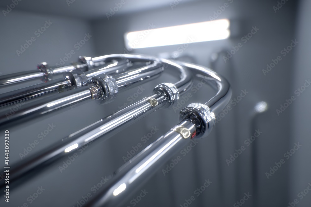 A close-up shot of gleaming chrome pipes, creating an industrial and modern aesthetic with reflections and smooth curves, highlighting precision engineering.