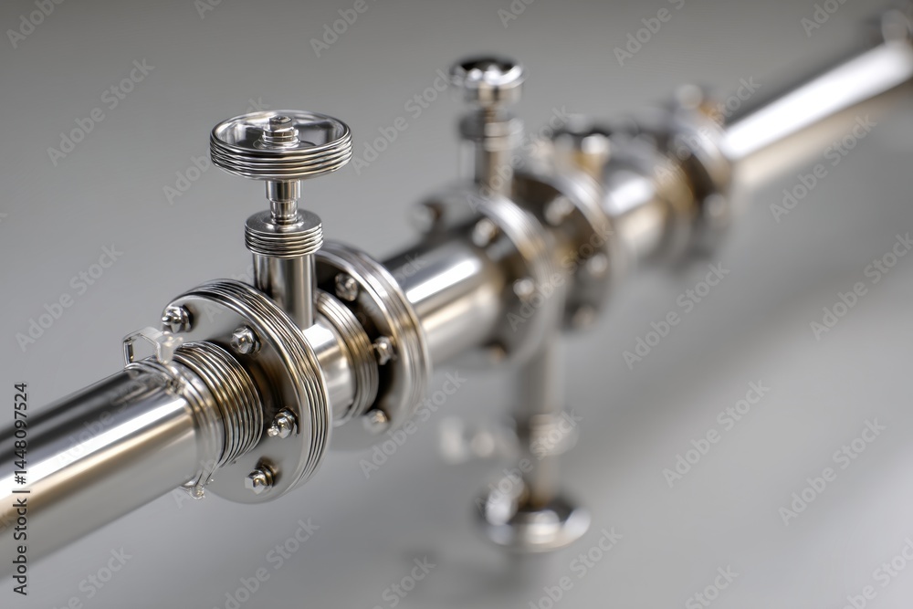 Detailed view of a complex metal pipe system with multiple valves and flanges, showcasing precision engineering and industrial design in a modern, clean setting. Detailed view of a complex metal pipe system with multiple valves and flanges, showcasing precision engineering and industrial design in a modern, clean setting.