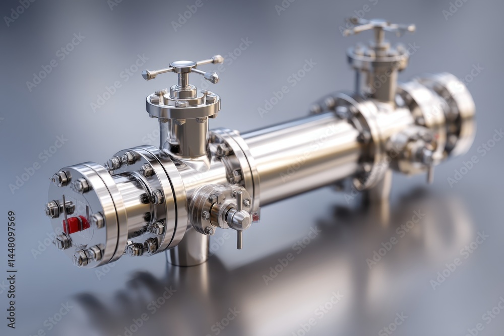 A shiny, stainless steel industrial pipeline system with valves, flanges, and fasteners, representing the modern infrastructure of the oil and gas industry.