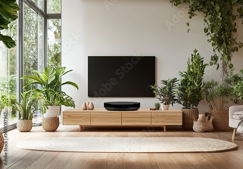 A living room with a flat-screen TV, wooden stand, green plants, woven basket, wicker chairs, and sunlight.