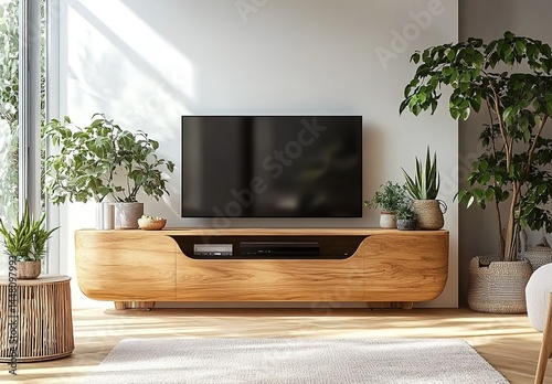 A living room with a flat-screen TV, wooden stand, green plants, woven basket, wicker chairs, and sunlight.