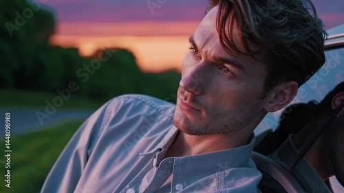 Pensive Man Leaning on Car at Sunset

