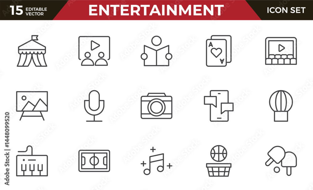 Entertainment and leisure thin black line icons set. Outline cinema and theatre symbols, museum and TV, masks of theatre and popcorn for movies,. vector illustration