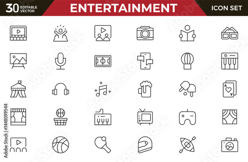 Entertainment and leisure thin black line icons set. Outline cinema and theatre symbols, museum and TV, masks of theatre and popcorn for movies, . vector illustration