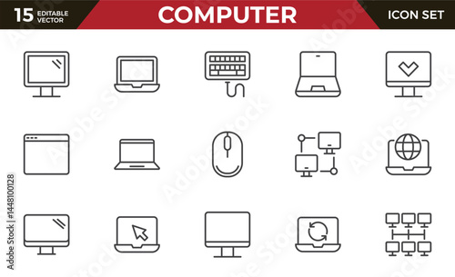 Computer and laptop line icon set. Network, setup, media connection and components. Outline vector icon in linear style. Conceptual pictogram collection.