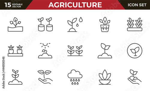 Agriculture and farming line icon set. Vector plant sprouts and seedlings, root vegetables and seeds in seedbeds, greenhouses, and farm fields isolated signs with water, sun, and fertilizer