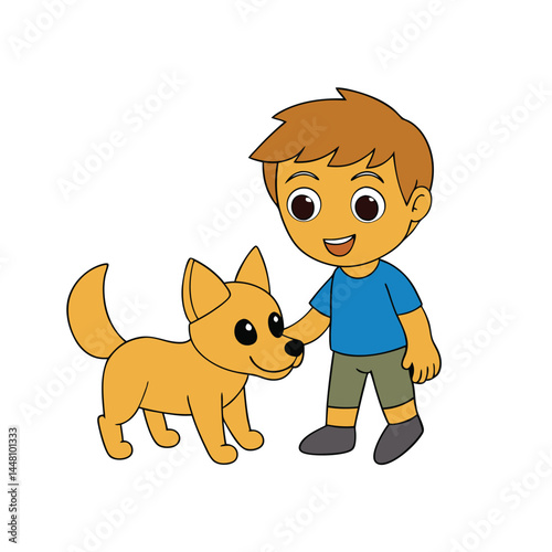 cute little boy with dog mascot Kawaii style vector illustration 