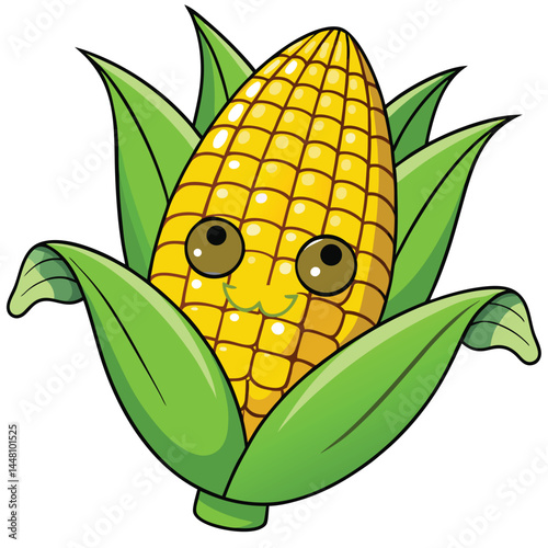 Cute Corn Cartoon Mascot Character With Green Leaves Isolated on White Background Kawaii Style Vector
