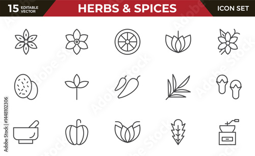 Herbs and Spices outline icon set. Fresh Produce, Dairy, Snacks, Meats, Condiments, Beverages, Baby Food, Household Items – Vector Icons for E-commerce, Food Delivery and Grocery Apps.