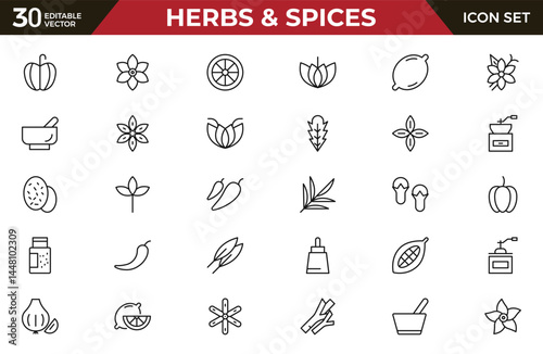 Herbs and Spices outline icon set. Fresh Produce, Dairy, Snacks, Meats, Condiments, Beverages, Baby Food, Household Items – Vector Icons for E-commerce, Food Delivery and Grocery Apps.