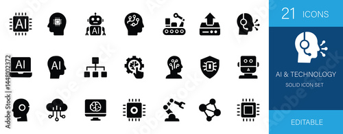 
Minimal AI and Technology solid icon set featuring artificial intelligence, robotics, machine learning, automation, and chip elements. Clean, editable, and perfect for tech projects.