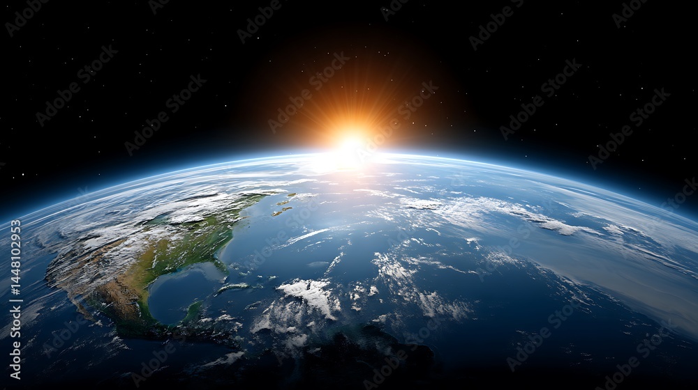Fototapeta premium Stunning View of Earth from Space with Sunrise Over Horizon and Clear Blue Sky