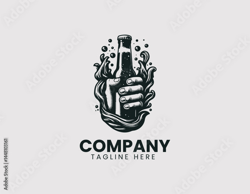 Detailed Hand Holding Cold Dark Beer Overflowing Foam Vector Logo Design