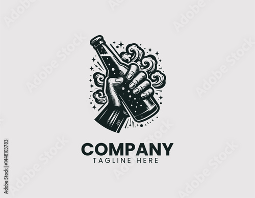 Detailed Hand Holding Cold Dark Beer Overflowing Foam Vector Logo Design