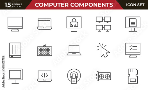 Computer components line icon set. Containing online, computer, network, website, server, web design, hardware, software and programming.