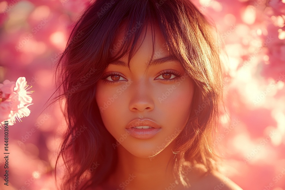 Spring mood, golden hour in sunset. Gorgeous mixed-race young woman surrounded by cherry blossoms. Commercial marketing conceptual art. Spring commercial photo shoot with woman and flowers.
