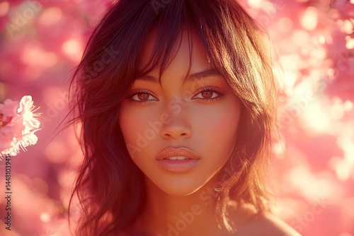 Obraz na płótnie Spring mood, golden hour in sunset. Gorgeous mixed-race young woman surrounded by cherry blossoms. Commercial marketing conceptual art. Spring commercial photo shoot with woman and flowers. w salonie