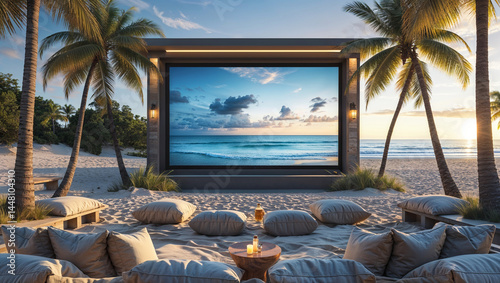 Fototapeta Naklejka Na Ścianę i Meble -  Luxurious outdoor cinema on a sandy beach with palms and ocean view in sunset